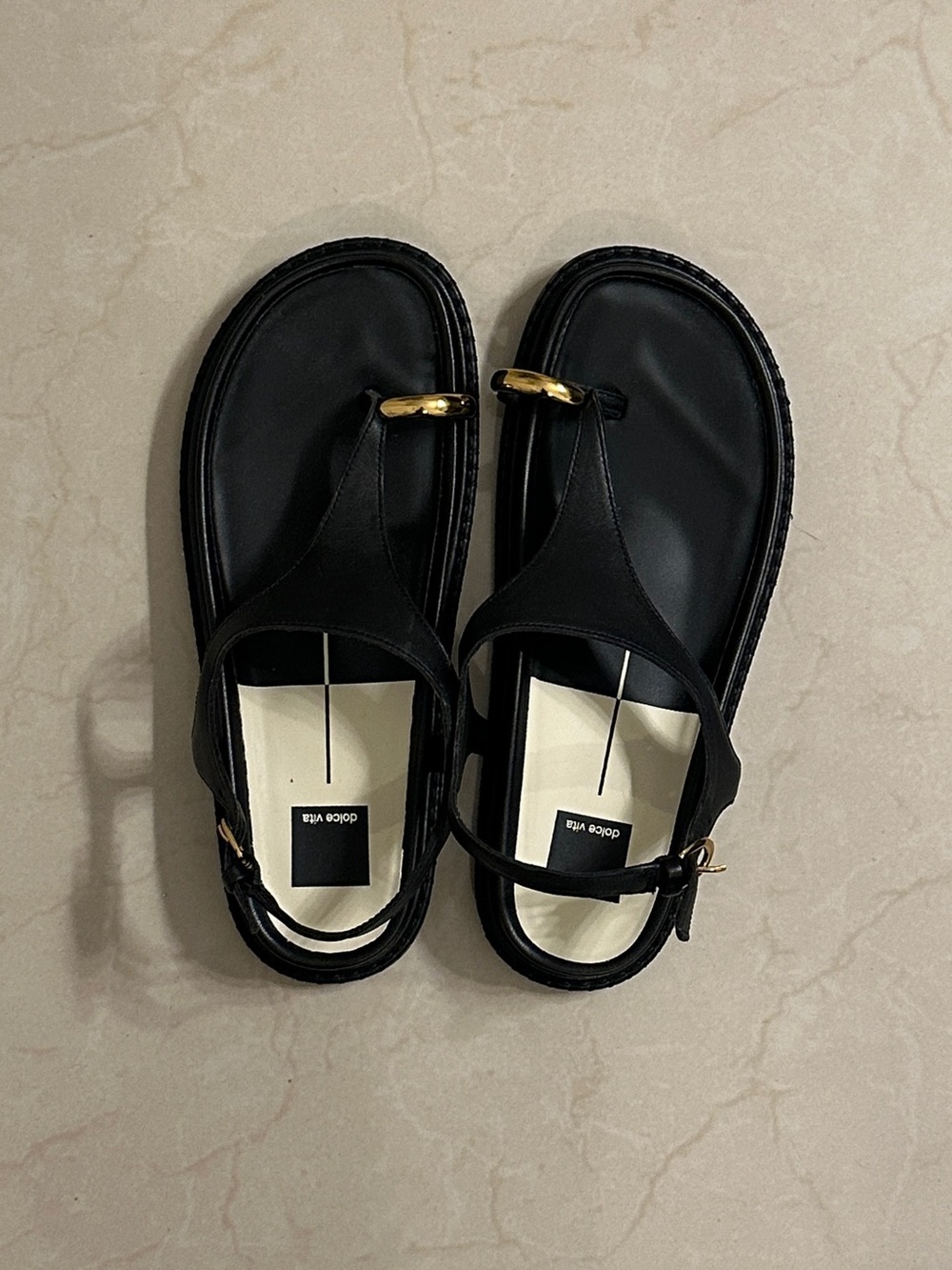 Dolce Vita Black Leather Thong Sandals with Gold Accent - Women